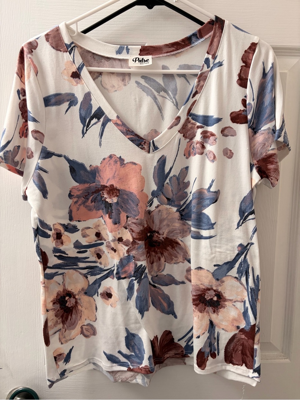 Pulse Cream V-Neck Floral Top with Blush Pink & Slate Blue Prints